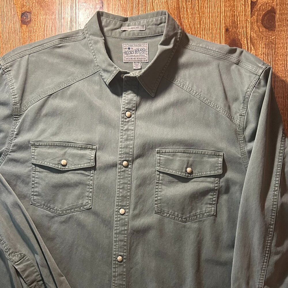 Lucky Brand XL Saturday Session Utility Shirt – Green Snap Button, 100% Cotton